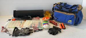 lot 36 image: Group Of Misc. Ice Fishing Jigs, Tip Up With Carry Tote And More