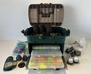 lot 38 image: Flambeau Tackle Box Filled With Misc. Fishing Spinners, Wieghts And More