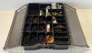 lot 39 image: Pano Phantom Double Sided Tackle Box Filled With Rubber Worms And More ( One Door Panel Cracked )