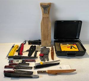 lot 45 image: Group Of Misc. Fillet Knives, Fillet Board And More With Hard Case