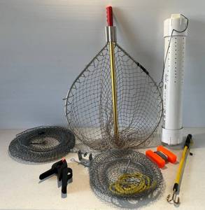 lot 49 image: Grooup Of Misc. Fishing Items Including Vintage Live Baskets, Landing Net, Chum Basket And More