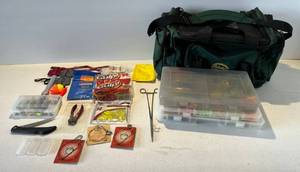 lot 51 image: Cabelas Outdoor Gear Soft Sided Tackle Box Filled With Fishng Tackle And More