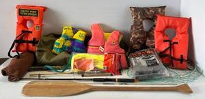 lot 82 image: Large Group Of Misc. Recreational Items Including Kids Life Jackets And More ( Landing Net Has Rip And Duffle Bag Zipper Needs Fixing )