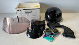 lot 100 image: Arther Fulmer ( AF10 ) With Three Visors, Googles, Zippered Neck Piece And 1 Shield Has Small Crack ( Size L )