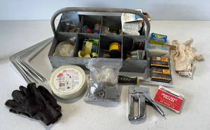 lot 109 image: Metal Tote Filled With Misc. Hardware And More