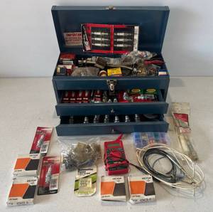 lot 114 image: Vintage Metal Tool Box Filled With Spark Plugs Most NIB And More