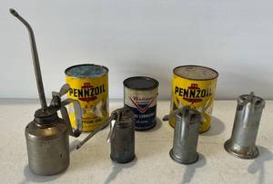 lot 139 image: Group Including Vintage Pennzoil Foil Oil Cans Never Opened And Misc. Oil Cans