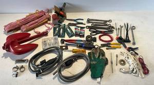 lot 162 image: Group Of Misc. Boating Items Including 20 LB Rubber Coated Anchor,  Misc. Boat Repair Items, Tools And More Including Vintage Battery Operated Front Boat Light And More