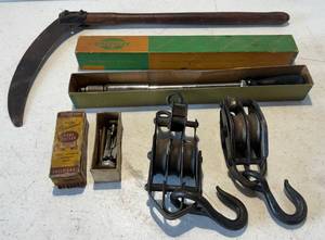 lot 169 image: Group Of Vintage Tools Including Metal Pulleys, Greenlee Wood Handled Screwdriver In Original Box And More