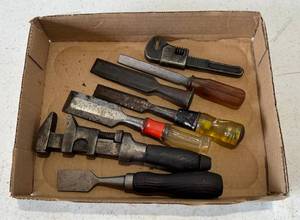 lot 215 image: Group Of Misc. Chisels And Vintage Wrenches