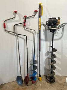 lot 248 image: Group Of Misc. Ice Fishing Augers And More Including Gas Auger With Extension, Ice Chisel