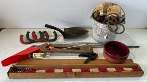 lot 253 image: Group Of Misc. Items Including Galvanized Bucket With Brushes Horse Shoe Game, American Flag With Pole And More