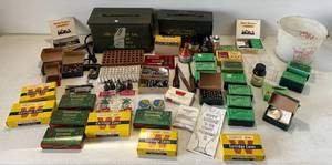 lot 266 image: Group Of Misc. Gun Related Items Metal Ammo Boxes, Vintage Ammo Boxes ( Empty Casings ) 1 Some Bullets, Empty Ammo Brass Casings, Reloading Items And More