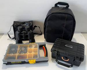 lot 306 image: Group Of Misc. Including Camera Accessories, Ferndean Camera Backpack, Apache Hard Case And Brookstone Binoculars