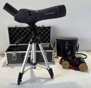 lot 307 image: Vintage Zenith 7x50 Binoculars & Meade 20-60x60MM Spotting Scope In Hard Case
