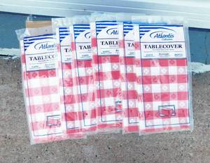 lot 15 image: Lot of 6 Atlantis Collection Red and White Heavy Duty Plastic Table Covers