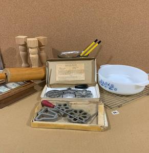 lot 56 image: Rosetta molds, wood rolling pin