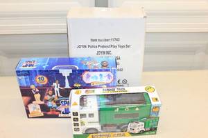lot 73 image: JOYIN Police Pretend Play Toy Set  ZETZ Garbage Sanitation Truck Toy  Space Jam A New Legacy Figurine Set