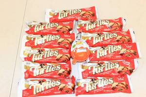 lot 225 image: 12ct Assorted Candy Turtles Original Caramel Nut Cluster, Kinder Joy