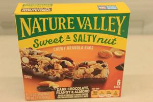 lot 218 image: 6ct Box of Natures Valley Sweet and Salty Nut Chewy Granola Bars Dark Chocolate Peanut Almond