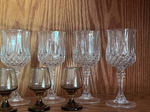 Crystal Goblets and 4 Vintage Small Brown Glasses