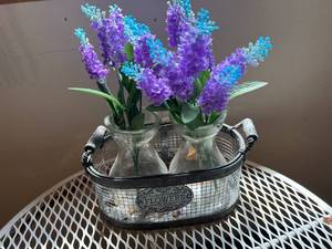 Metal Patio Table and basket with Faux Flowers
