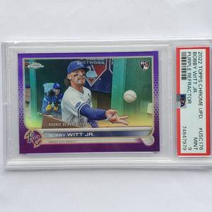 lot 12 image: Bobby Witt Jr. 2022 Rookie Topps Chrome Update Purple Refractor No. USC176, PSA Graded MINT 9