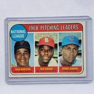 lot 23 image: 1968 National League Pitching Leaders Juan Marichal, Bob Gibson, Fergie Jenkins Topps No. 10