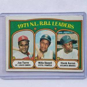lot 25 image: 1971 N.L. R.B.I. Leaders Joe Torre, Willie Stargell, Hank Aaron Topps No. 87