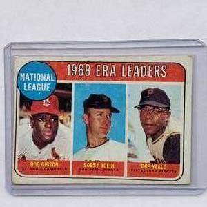lot 32 image: 1968 National League ERA Leaders Bob Gibson, Bobby Bolin, Bob Veale Topps No. 8