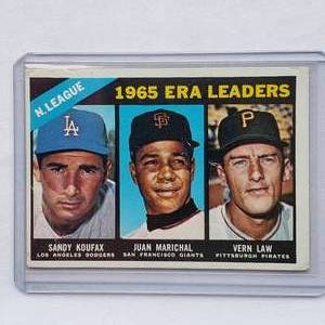 lot 34 image: 1965 N. League ERA Leaders Sandy Koufax, Juan Marichal, Vern Law Topps No. 221