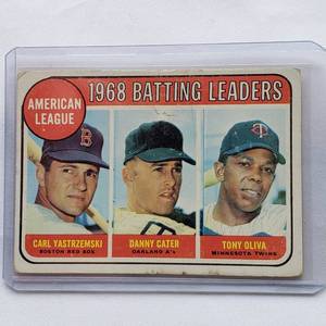 lot 53 image: 1968 American League Batting Leaders Carl Yastrzemski, Danny Cater, Tony Oliva Topps No. 1
