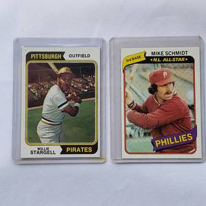 lot 66 image: Lot of 2 Willie Stargell 1974 Topps No. 100, Mike Schmidt N.L. All-Star 1980 Topps No. 270