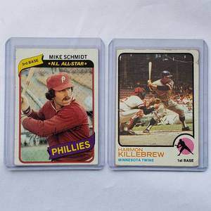 lot 67 image: Lot of 2 Harmon Killebrew 1973 Topps No. 170, Mike Schmidt N.L. All-Star 1980 Topps No. 270