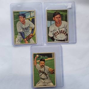 lot 68 image: Lot of 3 1952 Bowman Clyde King No. 56, Joe Garagiola No. 27, Mel Queen No. 171