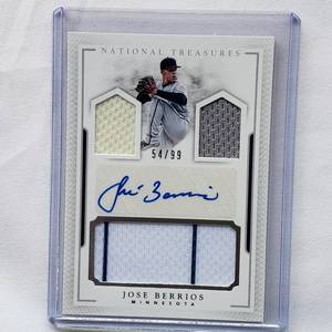 lot 85 image: Jose Berrios Triple Patch Relic Autograph 2016 Panini National Treasures No. PCS-JB, Numbered 5499