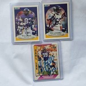 lot 93 image: Lot of 3 Autographed Vikings Cards Steve Jordan Fleer 90 No. 101, Carl Lee 1991 Pacific No. 291, Kirk Lowdermilk Fleer 90 No. 104