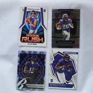 lot 117 image: Lot of 4 Rookie Cardrs Kellen Mond Rookie Rush No. RR-19, Kene Nwangwu Select No. 74, Rashod Bateman Elite Series Donruss ESR-RBA, Rashod Bateman Rookies & Stars No. 110