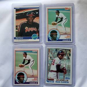 lot 151 image: Lot of 4 Rod Carew 1984 Fleer No. 629, 1983 O-Pee-Chee No. 200, 1982 Topps No. 500, 1983 Topps No. 200