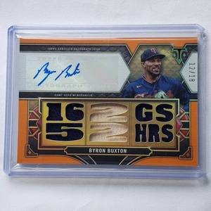 lot 156 image: Byron Buxton Autograph and Bat and Jersey Relic Orange Topps No. TTAR-BB2 Numbered 1218