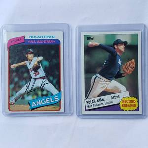 lot 195 image: Lot of 2 Nolan Ryan Strikeouts Record Breaker 1985 Topps No. 7, A.L. All-Star 1980 Topps No. 580