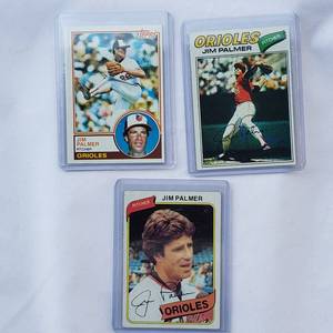 lot 225 image: Lot of 3 Jim Palmer 1983 Topps No. 490, 1980 Topps No. 590, 1977 Topps No. 600