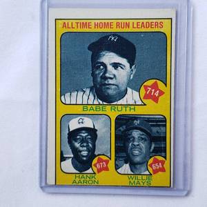 lot 240 image: All Time Home Run Leaders Babe Ruth, Hank Aaron, Willie Mays 1973 Topps No. 1