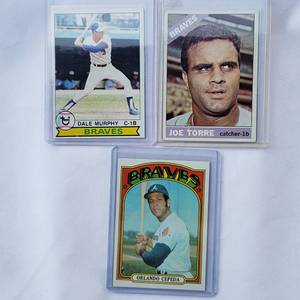 lot 245 image: Lot of 3 Joe Torre 1966 Topps No. 130, Dale Murphy 1979 Topps No. 39, Orlando Cepeda 1972 No. 195