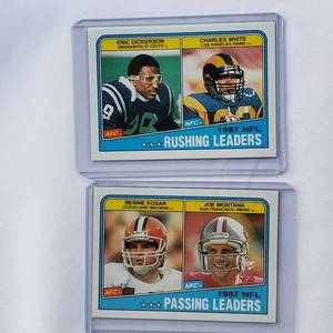 lot 251 image: Lot of 2 1987 NFL Rushing Leaders No. 217 Eric Dickerson, Charles White and 1987 NFL Passing Leaders No. 215 Bernie Kosar, Joe Montana