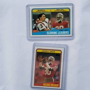 lot 256 image: Lot of 2 Jerry Rice 1987 Record Breaker No. 6, 1987 NFL Scoring Leaders No. 218 Jim Breech, Jerry Rice