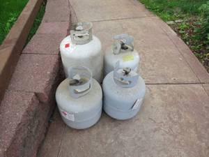 lot 2 image: 3 - 20lb Propane Tanks and 1- 30lb Propane Tank