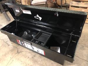 lot 6 image: Husky 71.36 in. Matte Black Aluminum Full Size Crossbed Truck Tool Box Damaged    Customer Returns See Pictures