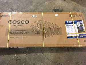 lot 19 image: Cosco Folding Picnic Table - Taupe Top x 72 Table Top Width x 57 Table Top Depth - 29 Height - Wood Grain, Resin Top Material    Customer Returns See Pictures
