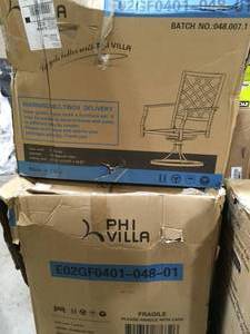 lot 51 image: 2 Boxes of PHI VILLA Swivel Patio Chairs Set of 2 Outdoor Dining Rocker Chair  Garden Backyard Bistro Furniture Set with Cushion, Black  Customer Returns See Pictures
